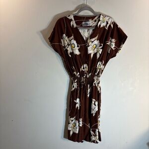 HILO HATTIE Sz M (estimated) Brown Cream Floral Romper with Elastic Waist
